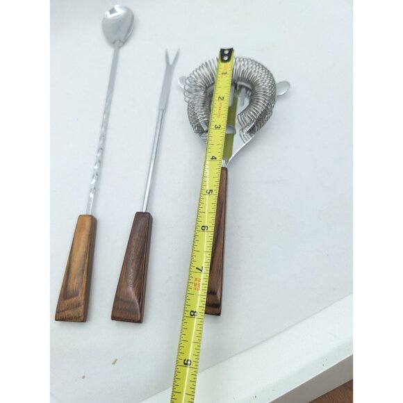 MCM 3 Barware strainer, Stirrer & fork pick faux wood handle bakelite? metal - Picture 10 of 15